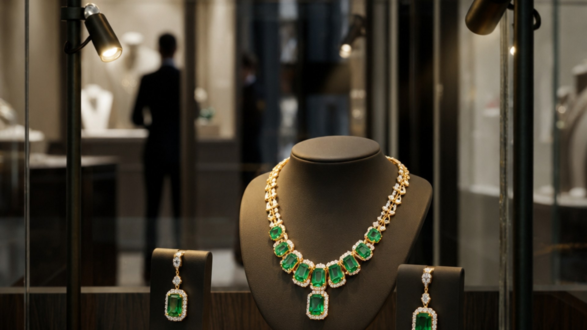 EVIDENZA iluminando colar e brincos de esmeralda numa vitrine de joalheria
