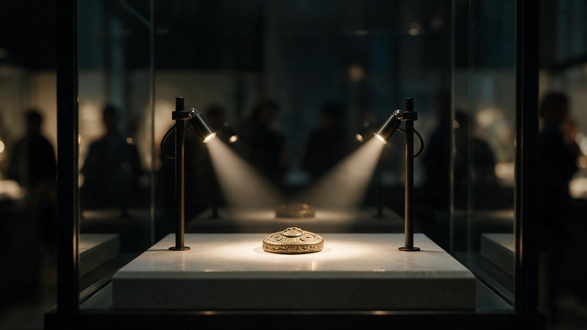 Dois postes EVIDENZA cruzando fachos sobre uma peça em vitrine de museu