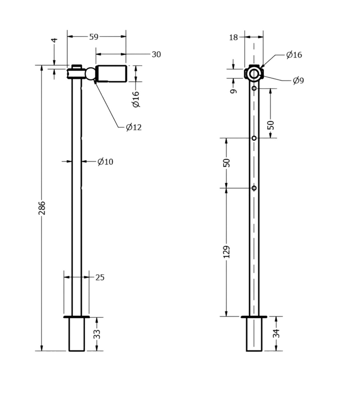 EVIDENZA — desenho técnico: 286 mm de altura total, haste de 10 mm, cabeça de 59 mm