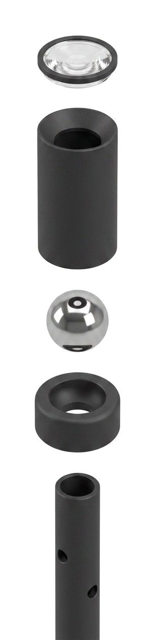 EVIDENZA — vista explodida da articulação: lente de 10 mm, corpo do spot, esfera magnética, anel de alumínio usinado e haste